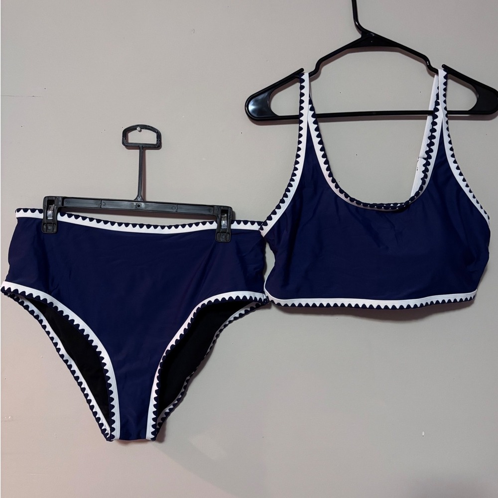 Navy‎ Blue Scalloped Rickrack High Waisted Bikini Set Two Piece Swimsuit XL NWOT